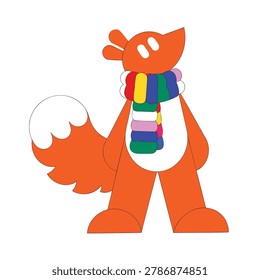 A stylized, orange cartoon fox with a fluffy white-tipped tail and a vibrant, striped scarf around its neck. The fox has large, white eyes and stands on its hind legs.