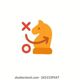 Um cavaleiro de xadrez laranja estilizado com um "x" vermelho e seta curva, sugerindo um movimento estratégico ou rejeição