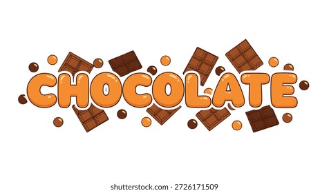 Texto de chocolate laranja estilizado cercado por barras de chocolate escuro e grãos de cacau em um fundo branco limpo para o design da loja de doces.