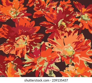 Stylized orange chrysanthemums on dark background
