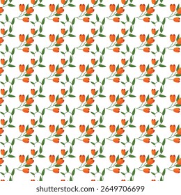 Stylized orange flowers intertwined with green leaves form a seamless pattern on a white backdrop. Perfect for design, textiles, or creative projects requiring a cheerful and elegant floral theme.