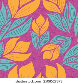 Stylized Orange Flowers with Teal Leaves on a Textured Pink Background creating a seamless pattern print background