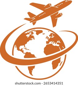 Um gráfico em laranja estilizado retrata um avião voando em torno de um globo simplificado, deixando uma trilha curva. Este ícone representa viagens globais, aviação e viagens internacionais.