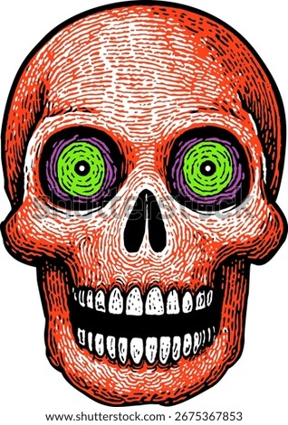 Stylized orange human skull with vibrant green and purple concentric circles in eye sockets