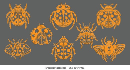 Stylized orange ladybugs geometric insect illustrations