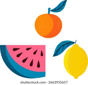 Stylized orange, lemon and watermelon in section.
