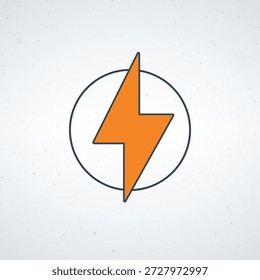Ein stilisiertes orangefarbenes Blitzsymbol auf sauberem weißem Hintergrund, umgeben von einer einfachen schwarzen Linie. Das mutige und lebendige Design vermittelt Energie, Kraft und Dynamik und eignet sich somit perfekt für den Einsatz in verschiedenen digitalen Anwendungen und Druckanwendungen, wie Logos, Branding und Marketingmaterialien.