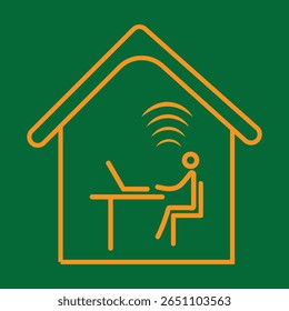A stylized orange line drawing depicts a person working on a laptop at a desk inside a house outline, with Wi-Fi signals emanating from the laptop.