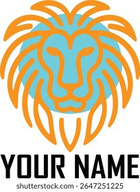 Stylized orange lion head with blue circle and black text face animal