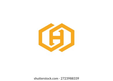 A stylized orange logo featuring a hexagonal design with a letter h