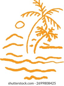 Stylized orange palm tree and sun on water isolated on transparent background