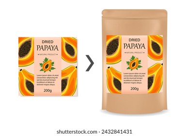 Stylized orange papaya. Packaging design "dried papaya, natural product". Banner, poster, sticker, print, modern design. Vector illustration.