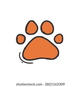A stylized orange paw print illustration with a dark outline designed in a simple hand drawn doodle style