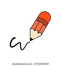 Stylized orange pencil drawing a simple black line. Clean, minimalist illustration on white. Ideal for education, creativity, design concepts, or back-to-school themes.