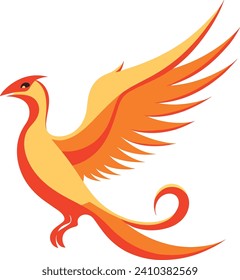 Stylized orange phoenix in flight with elegant wings and tail. Mythical fire bird rising, symbol of rebirth. Majestic phoenix design for fantasy themes vector illustration.