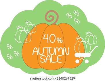 stylized orange pumpkin on a green background and doodle outlines of pumpkins with an inscription - vector illustration, banner, flyer, discount coupon for autumn sale
