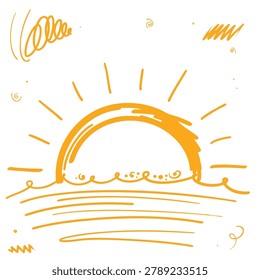 A stylized orange sketch illustration of a sun rising above rippling water waves on a white background