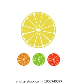 Stylized orange slice icon with heart shaped sections. Lemon, lime and grapefruit color version. Simple flat vector illustration.