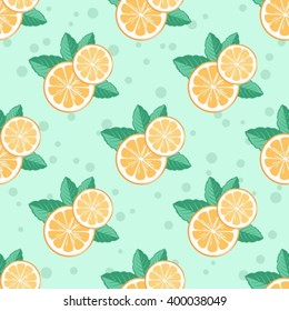Stylized orange slice and mint on a blue background.