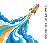 Stylized orange space rocket launching with dynamic colorful fluid smoke trail flat vector illustration for business startup concept