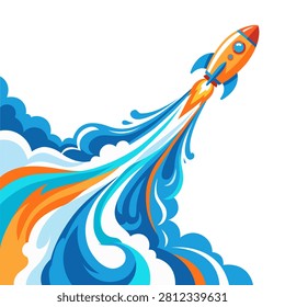 Stylized orange space rocket launching with dynamic colorful fluid smoke trail flat vector illustration for business startup concept