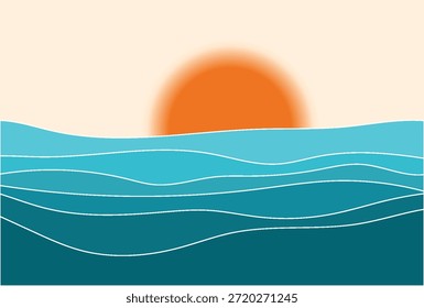 Sol laranja estilizado desce sobre um oceano azul sereno com linhas onduladas fluindo, criando uma cena abstrata minimalista e calma perfeita para fundos tranquilos e designs modernos