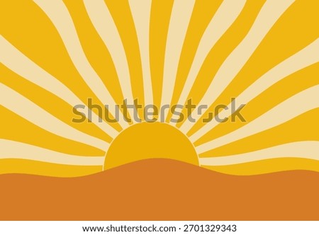 Stylized orange sun rising behind curved hills with wide yellow rays filling the sky