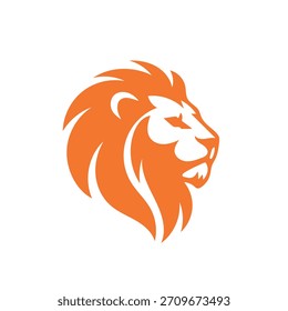 A stylized orange vector illustration of a lion's head in profile, featuring a flowing mane and clean, sharp lines using negative space for facial details, designed in a flat logo style that symbolize