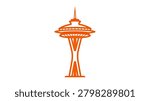 Stylized orange vector illustration of the Seattle Space Needle landmark, suitable for travel, tourism, and Pacific Northwest regional designs.