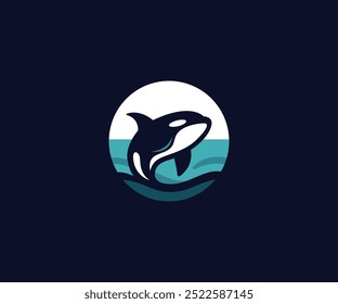 Uma baleia orca estilizada se rompe em uma cena circular no oceano. Logotipo, vetor, emblema, rótulo, emblema. modelo