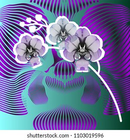 Stylized orchid flowers on gradient background. Can be used for design, printing, creating card, postcard. Vector illustration.