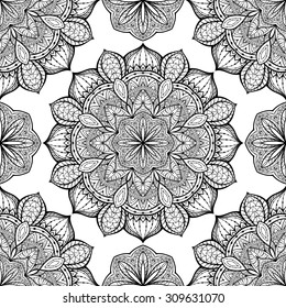 Stilvolles, orientalisches Ornament mit schwarzer Grenze. Nahtlos, Vektorgrafik, Ornat Muster mit Mandalas. Vorlage für jede Oberfläche.