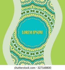 Stylized Oriental Postcard Print Light Green Colour. Round Ornamental Symmetry Pattern. Vintage decorative element. Hand drawn artwork. Islamic, Arabic, Persian, Indian, Ottoman motif artwork.