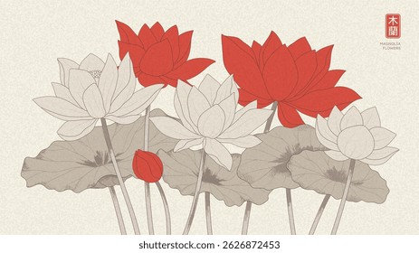 Stylized oriental vector illustration of lotus flowers in red and beige tones. Asian-inspired line drawing with floral pattern, perfect for elegant backgrounds or prints.