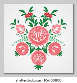 Stylized ornament of daisies and red roses in Slavic style. Paper background