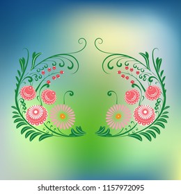 Stylized ornament of daisies and red roses in Slavic style. Multicolor gradient background