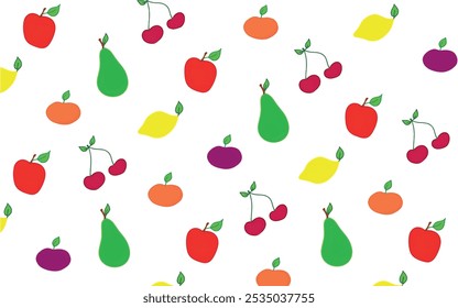 Stylized ornament fruits and berries seamless pattern. Cartoon fruits and berries art drawing print design on fabric and paper, juice packaging, baby food. Apple, cherry, pear, plum, lemon, icon.