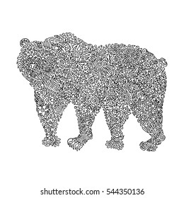 Stylized ornament hand drawn bear illustration. Ethnic animal decoration from unique separated shapes and elements