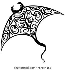 Stylized ornament hand drawn devil ray fish tattoo sketch illustration. Ethnic animal decoration