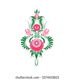 Stylized ornament with leaves, buds and flowers of red roses in Slavic style. White background