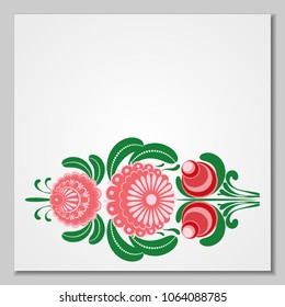 Stylized ornament of red roses and berries in Slavic style. Paper background