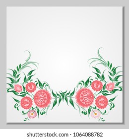 Stylized ornament of red roses and chamomiles in Slavic style. Paper background