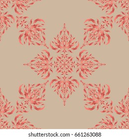 Stylized ornament. Vector glitter textured seamless pattern with pink and beige elements. Perfect for holidays.