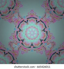 Stylized ornament. Vector glitter textured seamless pattern with pink, orange and blue elements. Perfect for holidays.