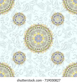 Stylized ornament. Vector glitter textured seamless pattern with orange and violet elements. Perfect for holidays.