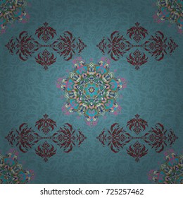 Stylized ornament. Vector glitter textured seamless pattern with pink, blue and yellow elements. Perfect for holidays.