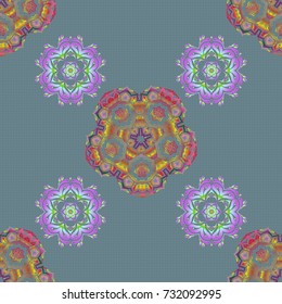 Stylized ornament. Vector glitter textured seamless pattern with orange and pink elements. Perfect for holidays.