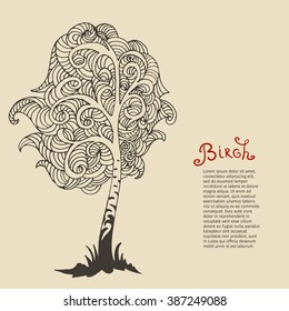 Stylized ornamental doodle birch tree. Vector illustration, eps-8.