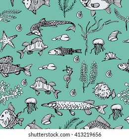 Stylized and ornamental fish. River and sea fish. Black and white drawing by hand. Line art. Seamless pattern
