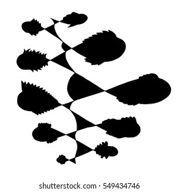 Stylized ornamental fishes. Aquarium, river, sea  fish. Children's drawing. Black and white drawing by hand. Line art. Geometric fish.